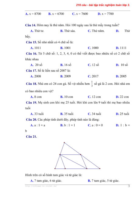 216 bài tập trắc nghiệm toán lớp 3