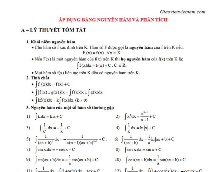 650 Câu Trắc Nghiệm Nguyên Hàm Tích Phân Và Ứng Dụng Có Đáp Án