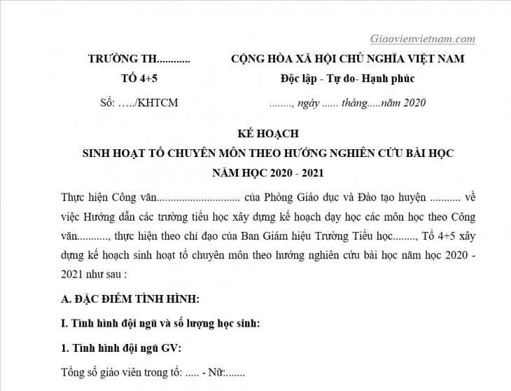 Kế hoạch sinh hoạt tổ chuyên môn theo nghiên cứu bài học Giáo viên