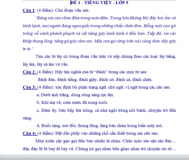 Bản mềm: 12 đề thi học kì 1 môn tiếng Việt lớp 5 có đáp án