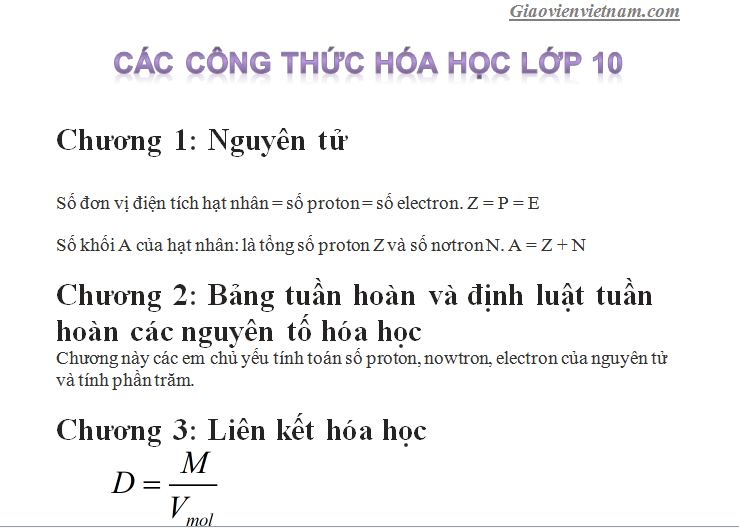 Các Công Thức Hóa Học Lớp 10 Tổng Hợp Đầy Đủ Nhất - Giáo Viên Việt Nam