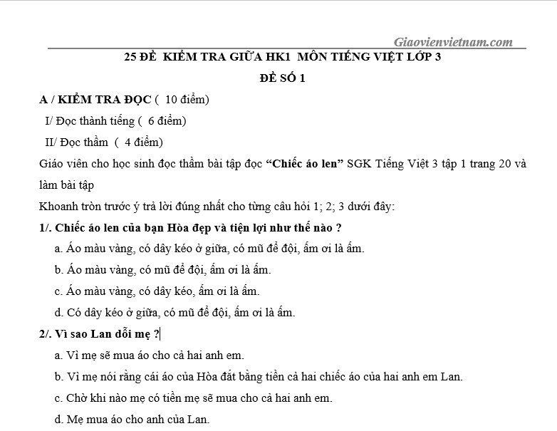 đề thi giữa kì 1 lớp 3 môn Tiếng Việt