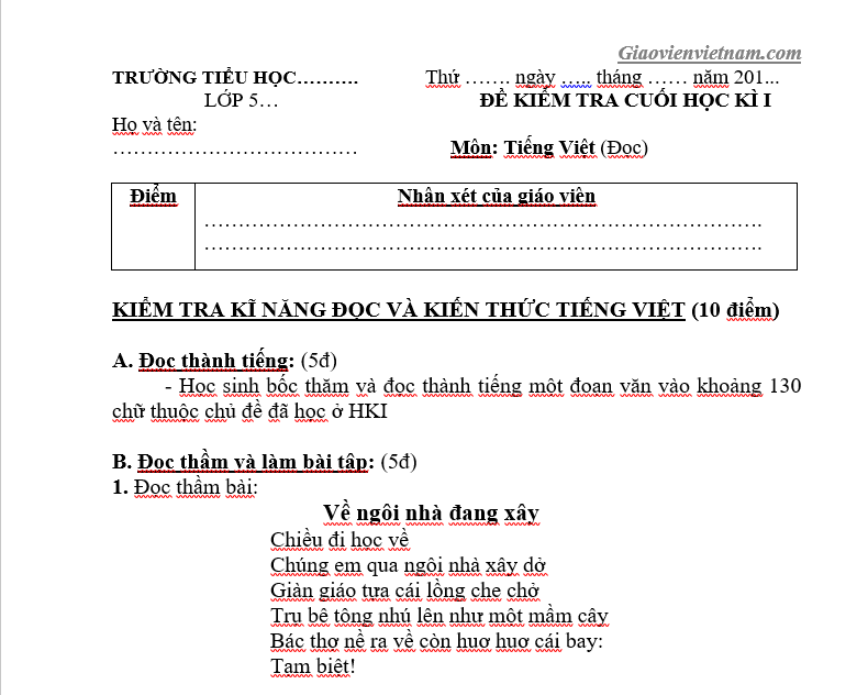 Đề thi học kì 1 lớp 5 môn Tiếng Việt