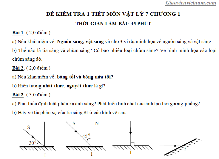 Đề Kiểm Tra 1 Tiết Vật Lý 7 Chương 1 Có Đáp Án - Giáo Viên Việt Nam