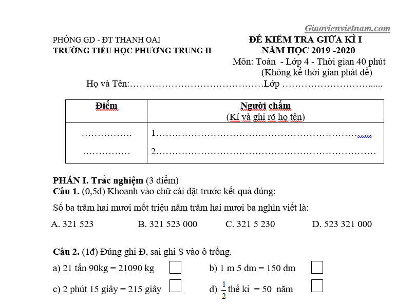 Bộ đề kiểm tra giữa kì 1 lớp 4 Toán, Tiếng Việt chọn lọc