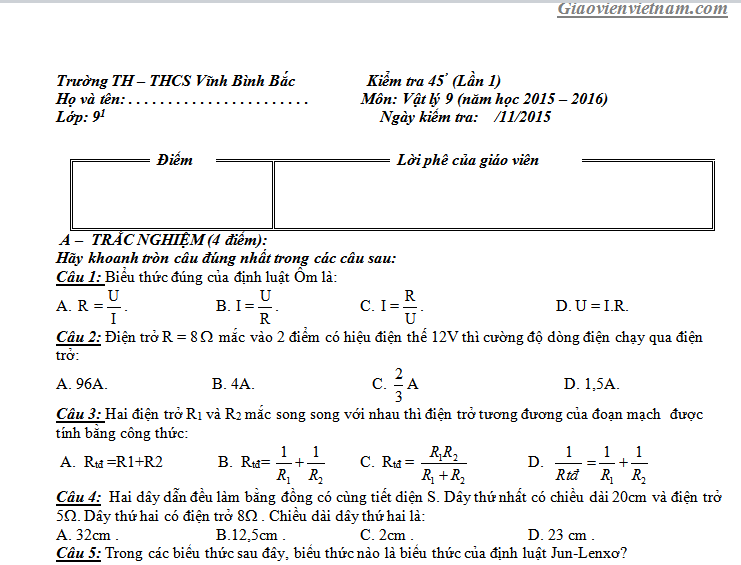 Đề kiểm tra 1 tiết vật lý 9 chương 1 có đáp án