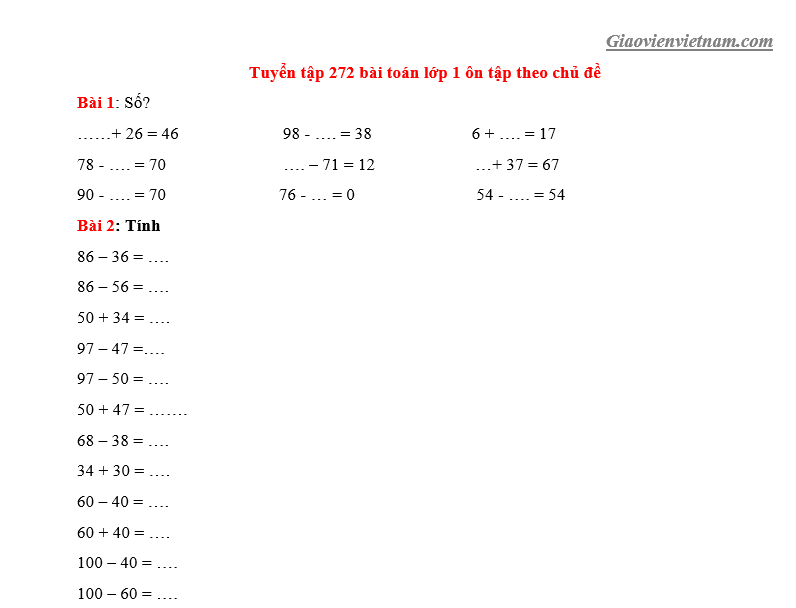 bài toán lớp 1 theo chủ đề