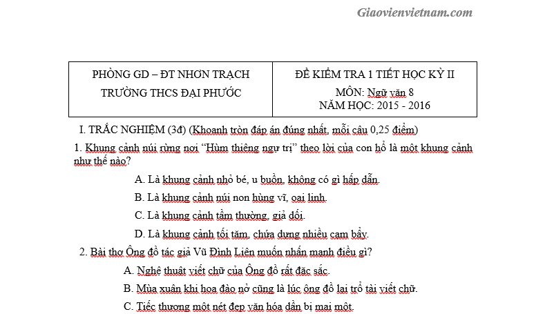 Đề Kiểm Tra 1 Tiết Ngữ Văn 8 Phần Văn Bản Hk2 - Giáo Viên Việt Nam