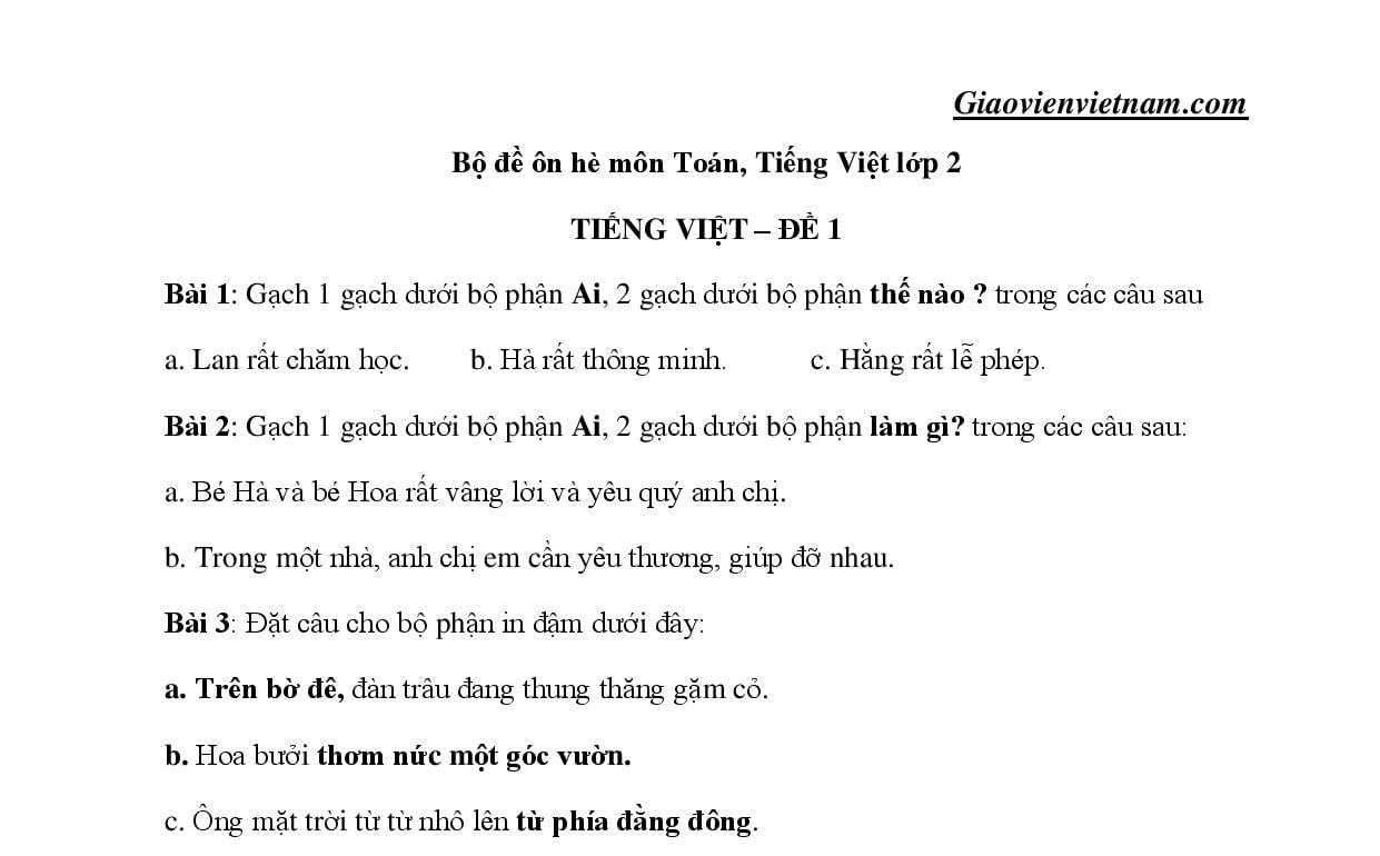 Bài Tập Ôn Hè Toán + Tiếng Việt Lớp 2 Lên Lớp 3 - Tải Miễn Phí