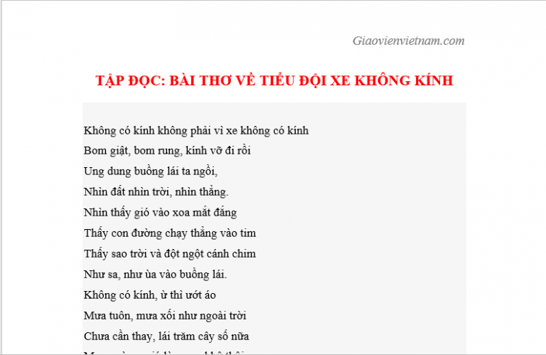 Tập đọc lớp 4: Bài thơ về tiểu đội xe không kính - Giáo viên Việt Nam