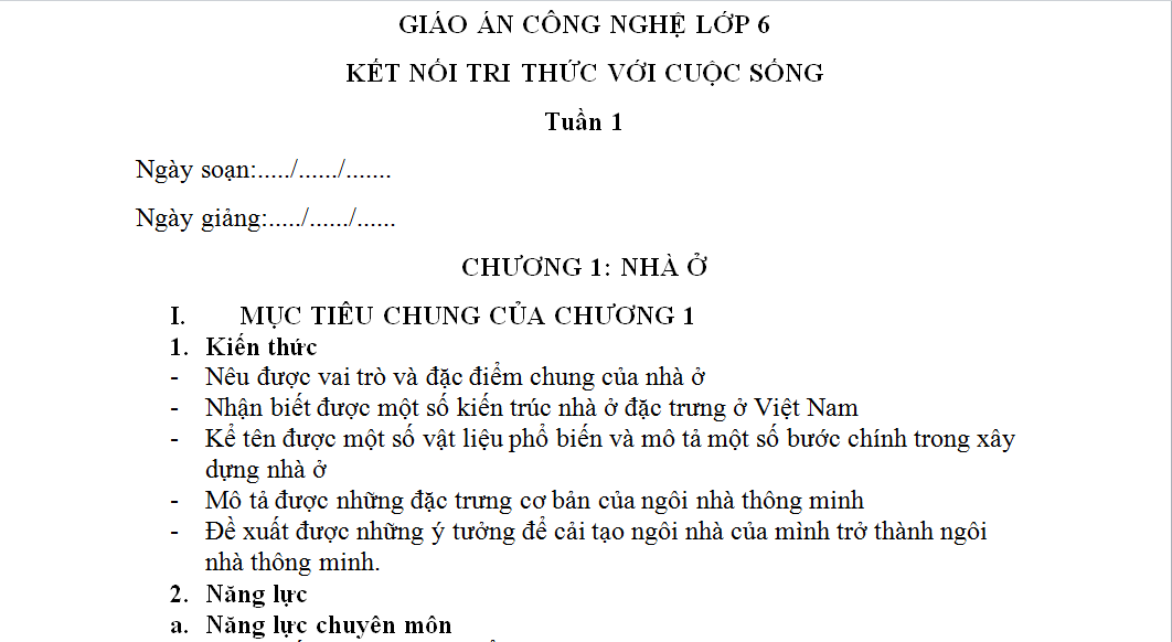 Giao An Cong Nghệ Lớp 6 Sach Kết Nối Tri Thức Với Cuộc Sống