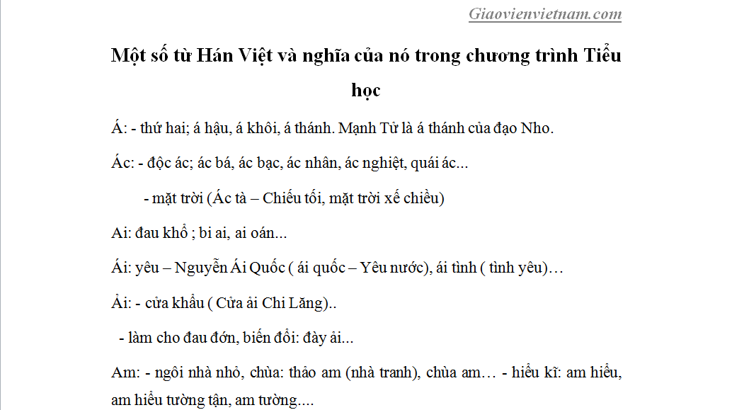 Một số từ Hán Việt và ý nghĩa