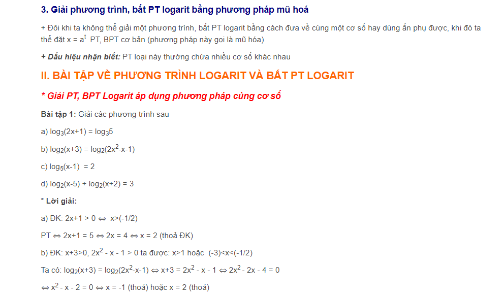 Phương trình logarit, bất phương trình logarit và bài tập áp dụng