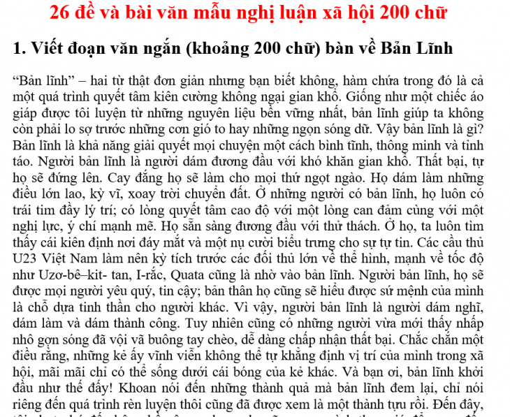 26 đề Và Bài Văn Mẫu Nghị Luận Xã Hội 200 Chữ Giáo Viên Việt Nam