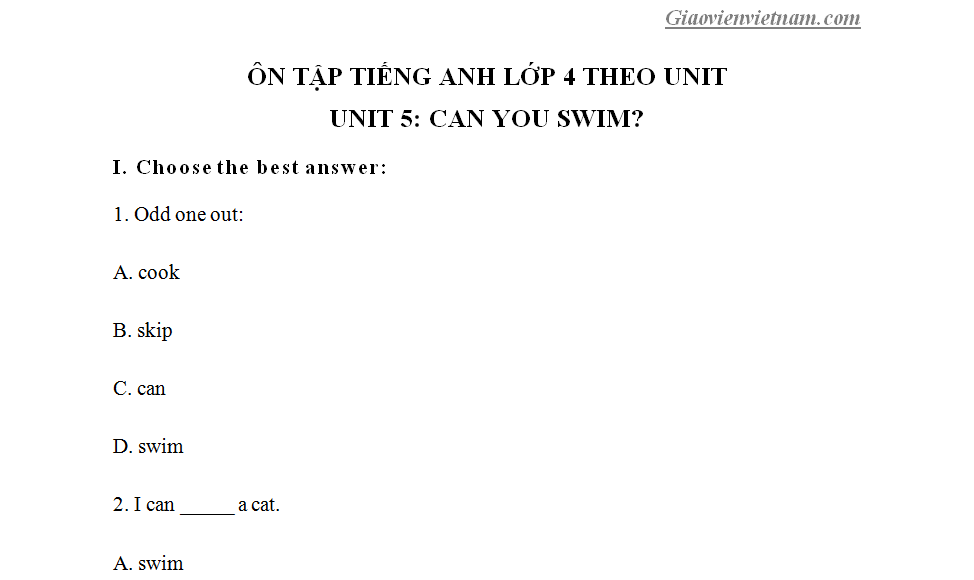 Bài ôn tập Tiếng Anh lớp 4 Unit 5: Can you swim?
