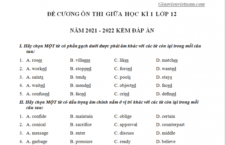 Bài tập trắc nghiệm tiếng Anh lớp 12 Unit 1, 2, 3 – Giáo viên Việt Nam