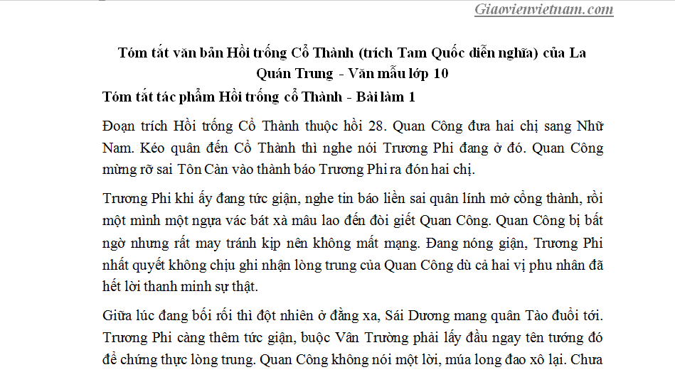 Tóm tắt văn bản Hồi trống Cổ Thành (trích Tam Quốc diễn nghĩa) của La Quán Trung