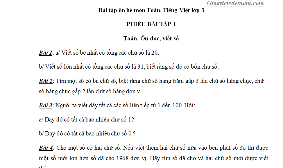 ôn hè môn Toán Tiếng Việt lớp 3