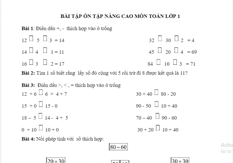 Tài Liệu ôn Tập Toán Nâng Cao Lớp 1 Giáo Viên Việt Nam