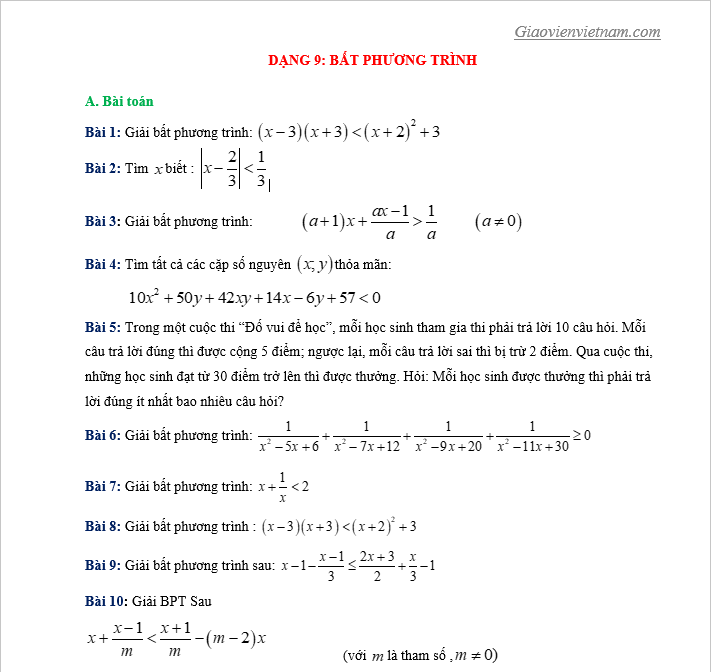 Dạng toán bất phương trình ôn thi hsg đại số 8 p1