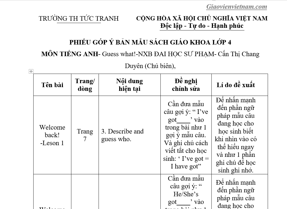 Phiếu Góp Ý Sgk Tiếng Anh 4 Word - Giáo Viên Việt Nam