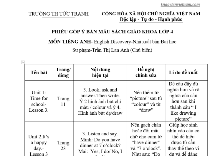 PhiẾu GÓp Ý Sgk TiẾng Anh 4 Word Giáo Viên Việt Nam