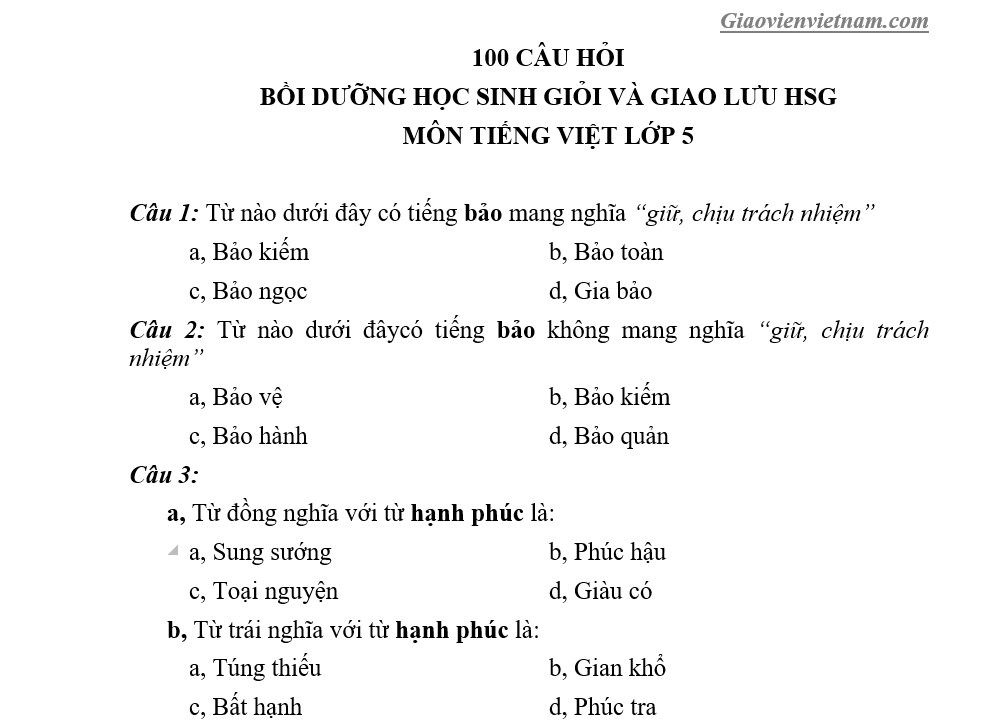 100 câu hỏi bồi dưỡng học sinh giỏi môn Tiếng Việt lớp 5