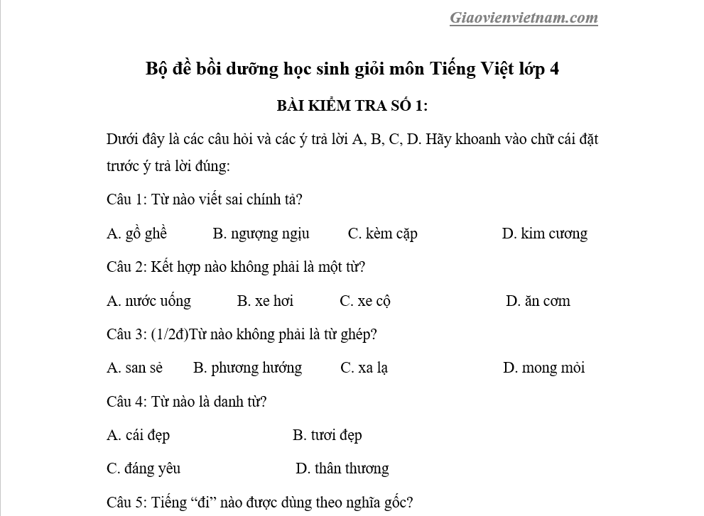Bộ đề thi học sinh giỏi môn Tiếng Việt lớp 4