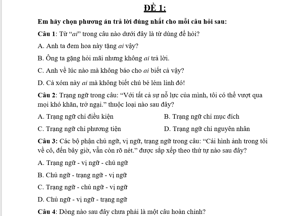 Bộ đề thi trắc nghiệm môn Tiếng Việt vào lớp 6